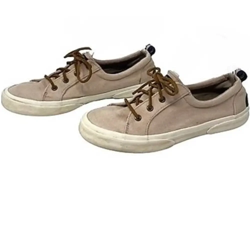 SPERRY Crest Vibe Oat Beige Linen Sneaker Cowhide Leather Laces ~ Women's Size 8